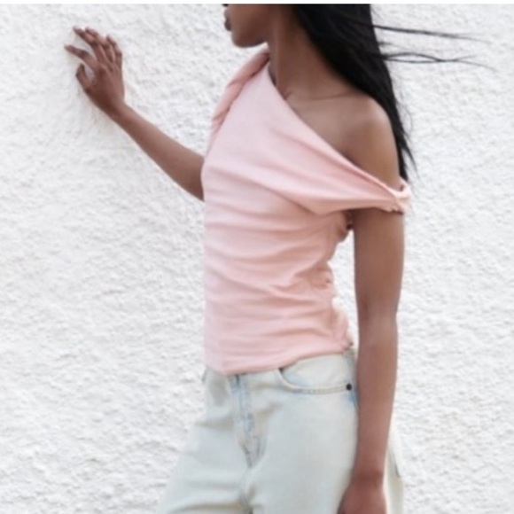 ZARA TWISTED ASYMMETRIC Linen Blend Pink Top Bloggers Fave Sz Medium - Picture 6 of 16